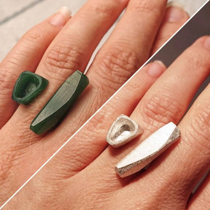 bague organique en galets facettés à sertir d'une pierre en avant-après cire perdue et argent 925